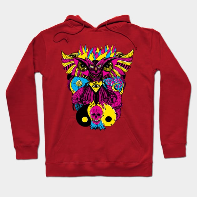 CMYK Owl And Ageless Skull Hoodie by kenallouis